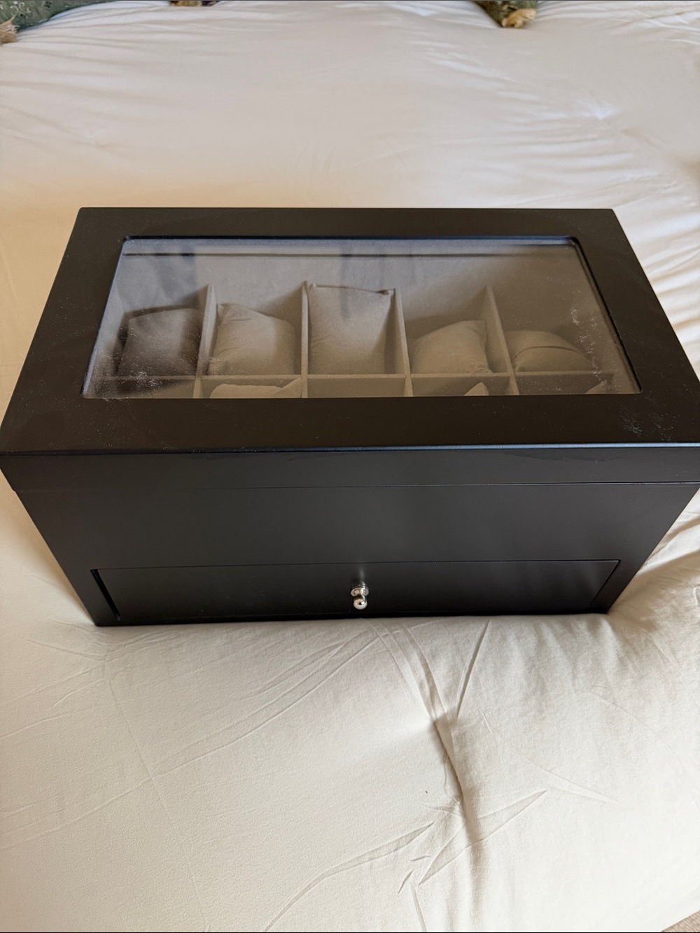 Black Glass-Top Jewelry and Watch Organizer Box